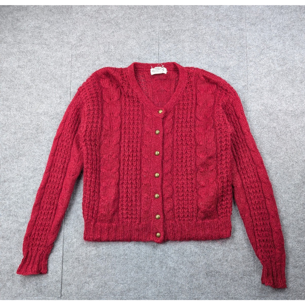 Vintage Reference Point Mohair Cardigan Women Small Cable Knit Sweater Retro Red